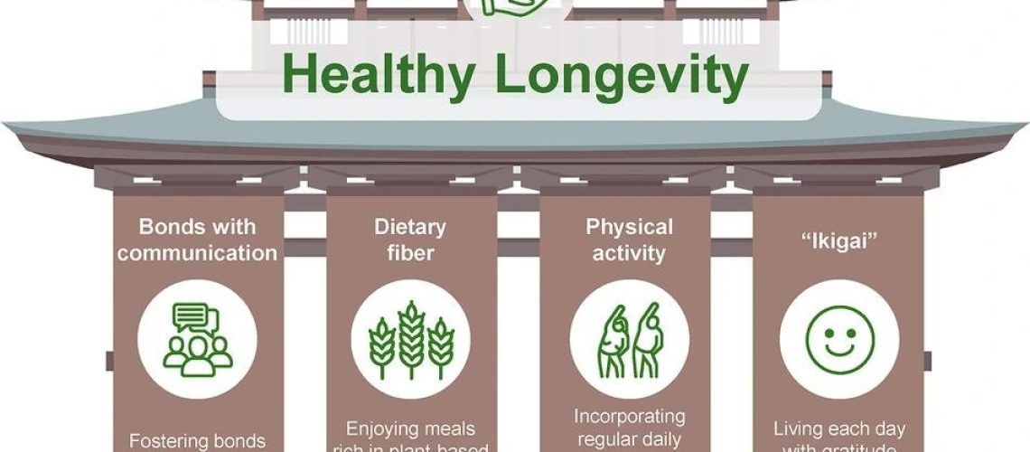 The illustration conceptualizes how fostering bonds and communication, plant-based communal dining rich in dietary fiber, daily routines with physical activity, and living with gratitude and “Ikigai” collectively support the vision of healthy longevity.