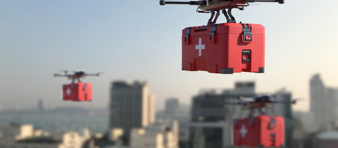 Drone with first aid kit flying over the town. 3D illustration