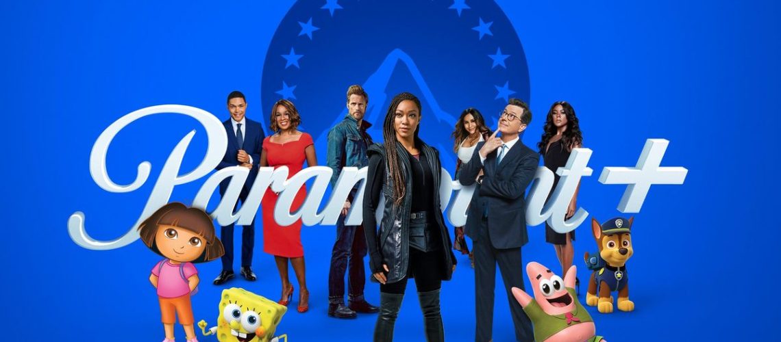 The Paramount Plus logo with an assortment of news persons and actors/animated characters in front of it.