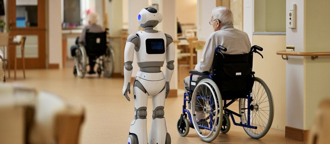 ai robot walking by the side of elderly person in wheelchair