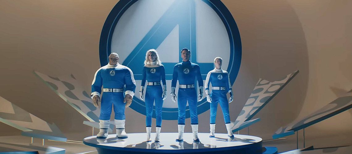 Ebon Moss-Bachrach, Vanessa Kirby, Pedro Pascal, and Joseph Quinn in "The Fantastic Four: First Steps"