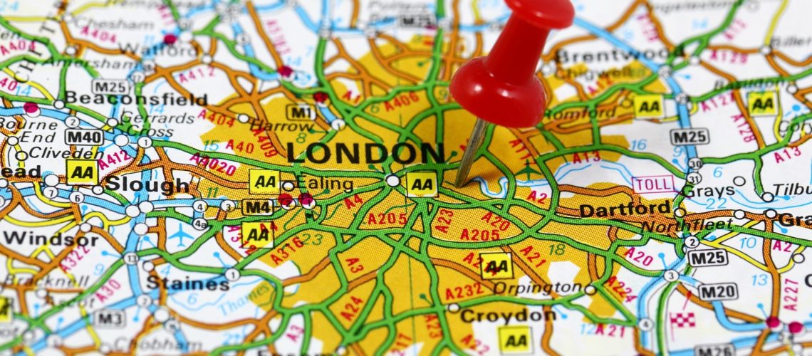 Map with pin point of London in England