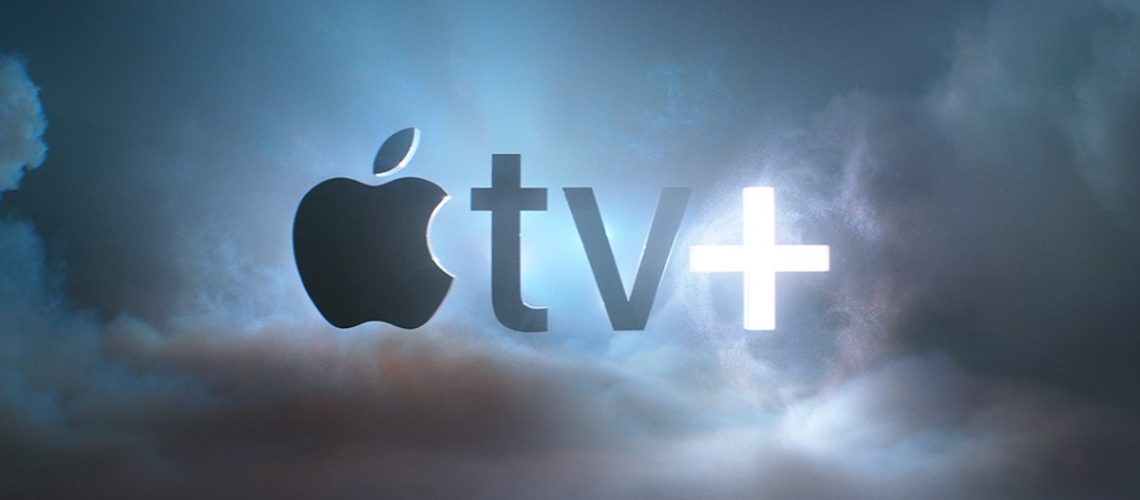 Apple TV Plus logo in front of cloudy background