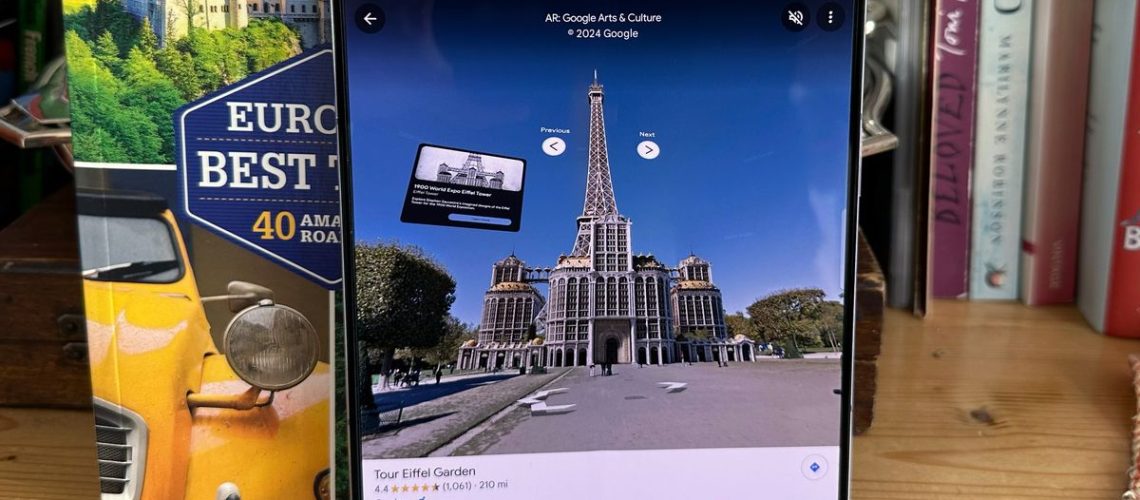 Google Maps on a Galaxy Z Fold 5, looking at the Eiffel Tower in street view mode