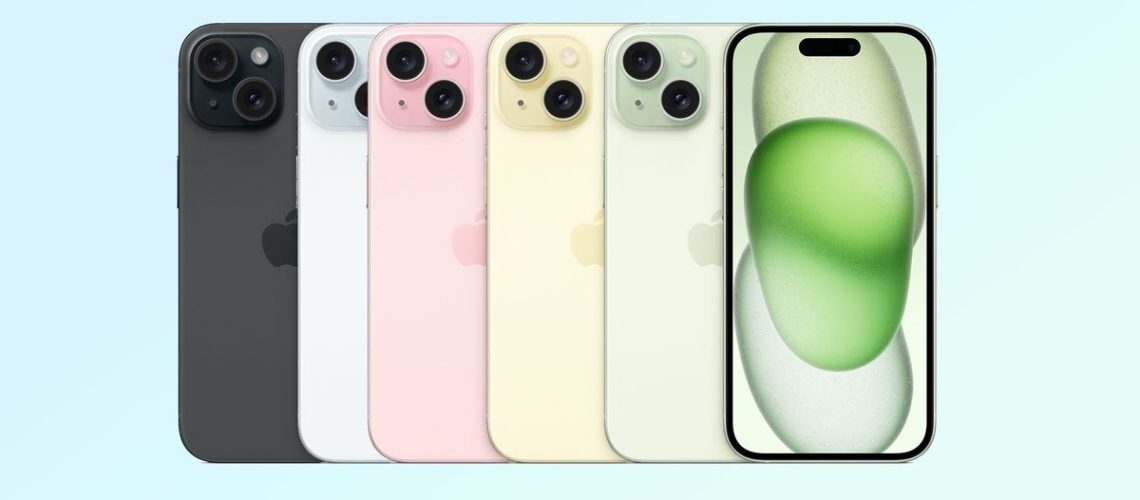 iphone 15 in five colors on blue background
