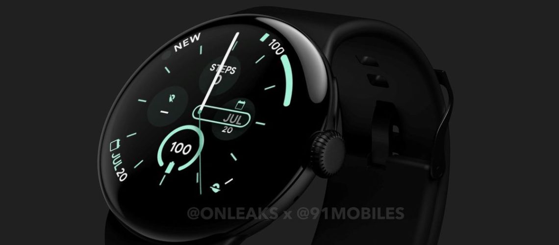 Google Pixel Watch 3 render, zoomed in on left side
