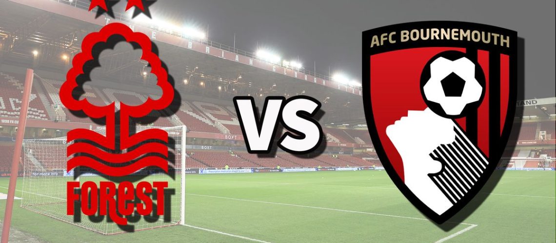 The Nottingham Forest and AFC Bournemouth club badges on top of a photo of the City Ground in Nottingham, England