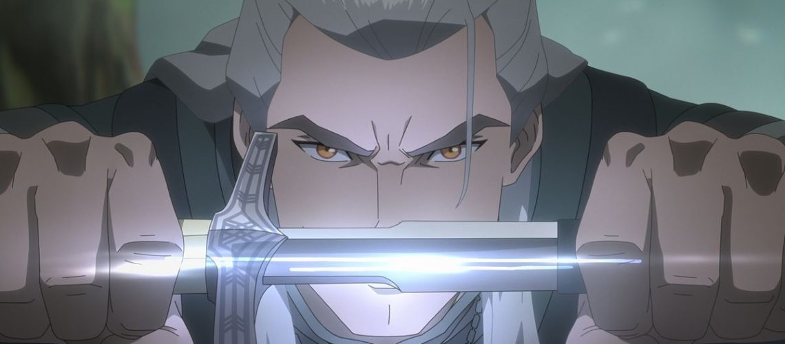 An animated Geralt (voiced by Doug Cockle) unsheathes a glinting sword as seen in Netflix's "The Witcher: Sirens of the Deep".