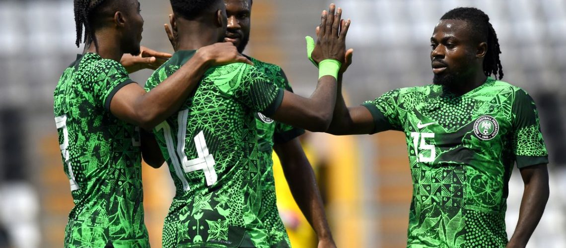 Super Eagles players celebrate ahead of the Nigeria vs Equatorial Guinea live stream