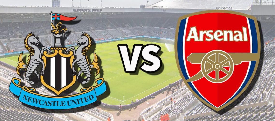 The Newcastle United and Arsenal club badges on top of a photo of St. James' Park in Newcastle-upon-Tyne, England