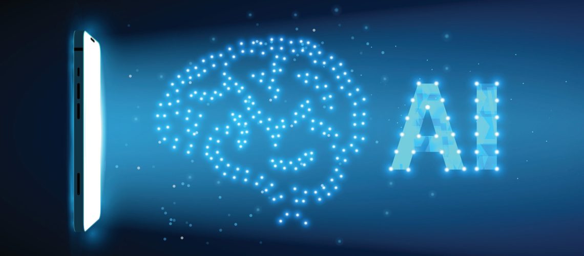Artificial intelligence "AI" and brain glowing next to a smartphone screen