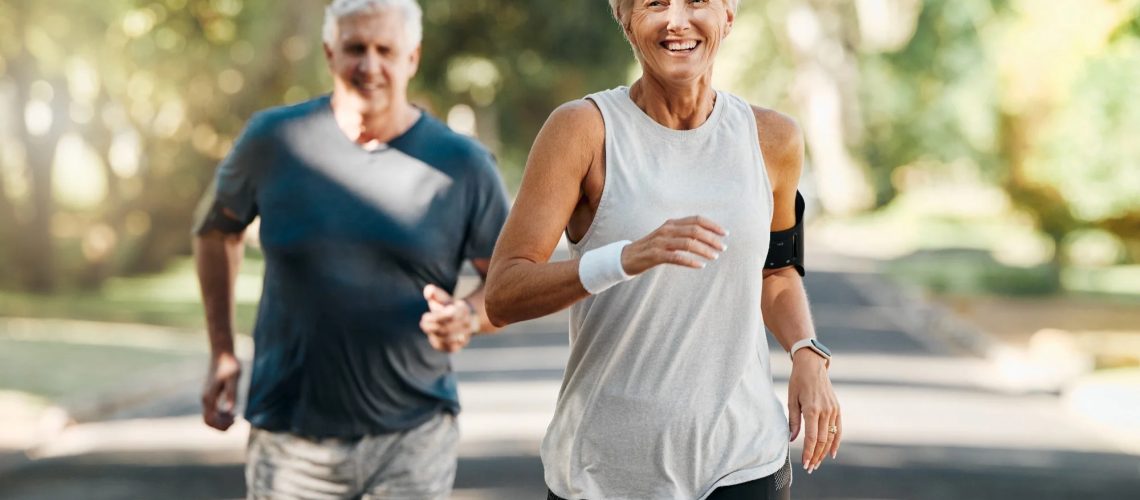 Retirement, couple and running fitness health for body and heart wellness with natural ageing. Married, mature and senior people enjoy nature run together for cardiovascular vitality workout.
