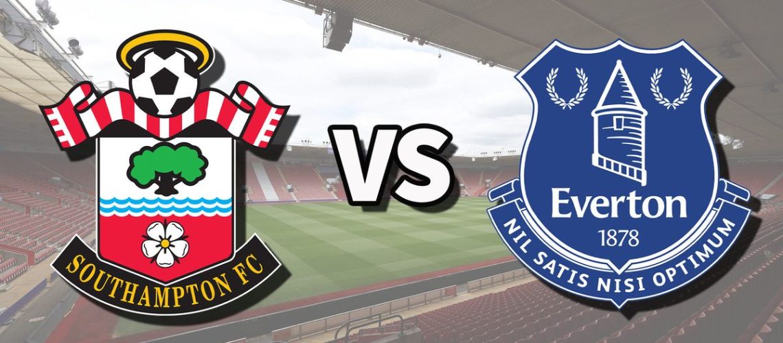 The Southampton and Everton club badges on top of a photo of St. Mary’s Stadium in Southampton, England
