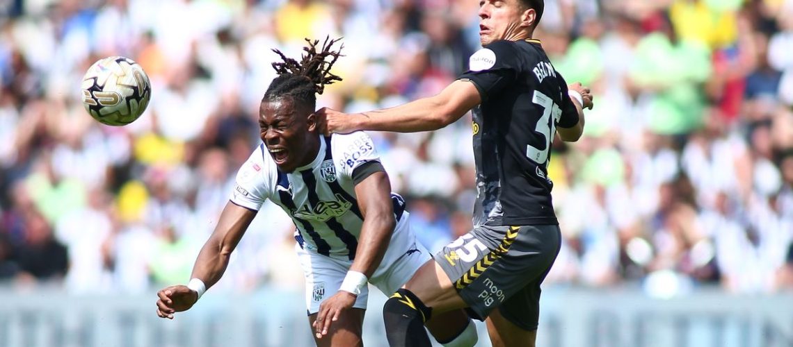 Jan Bednarek of Southampton fouls Brandon Thomas-Asante of West Bromwich Albion ahead of the Sky Bet Championship Play-Off Semi-Final Southampton vs West Brom