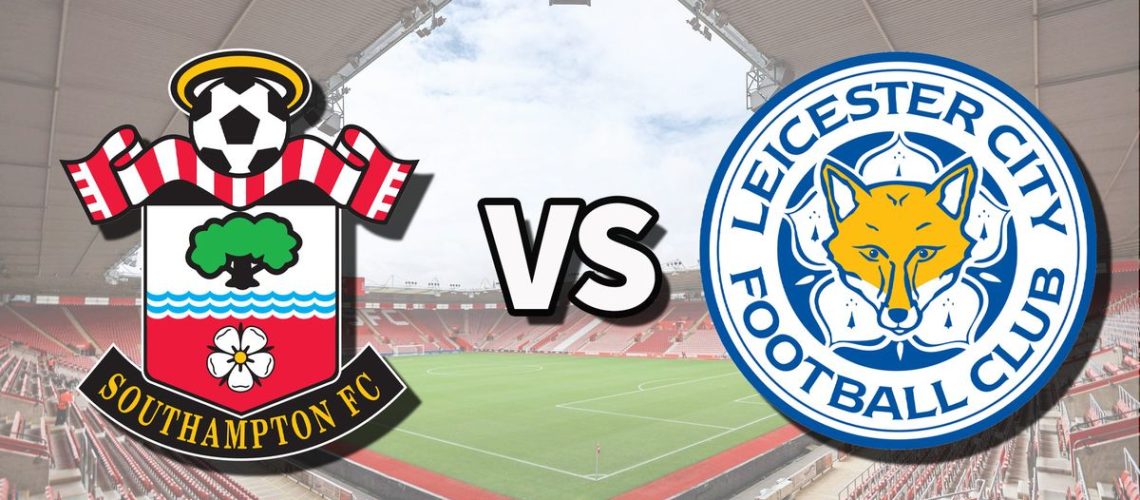 The Southampton and Leicester City club badges on top of a photo of St. Mary’s Stadium in Southampton, England