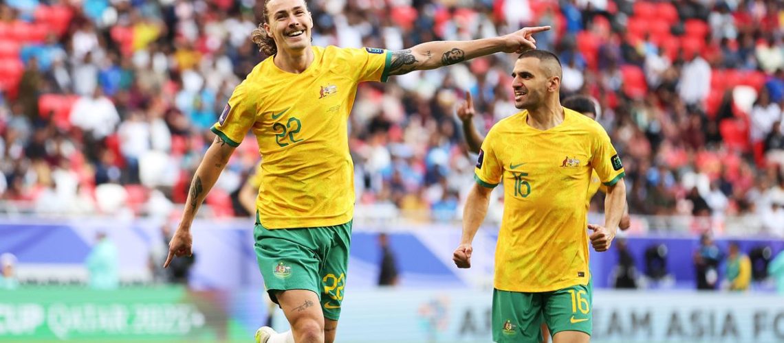 Jackson Irvine of Australia celebrates ahead of the Syria vs Australia live stream at AFC Asian Cup 2023