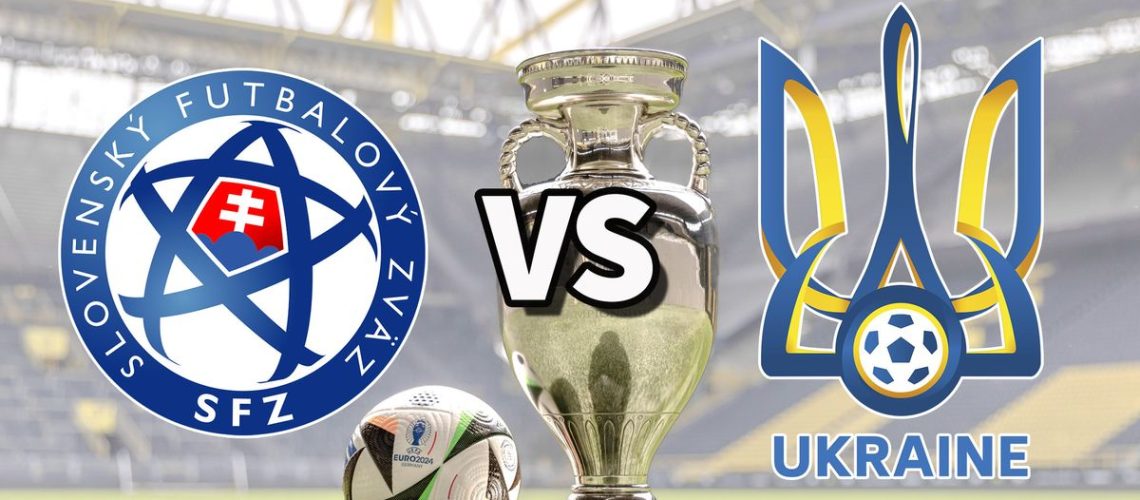 The Slovakia and Ukraine club badges on top of a photo of the Euro 2024 trophy and match ball