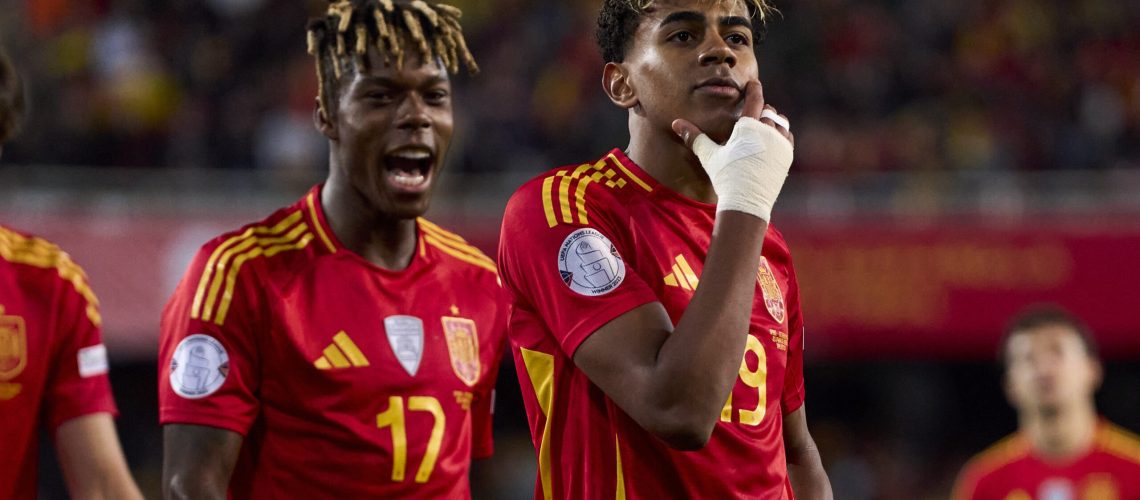 Lamine Yamal and Nico Williams celebrate their third goal over Netherlands in the Nations League quarter-final against Netherlands.