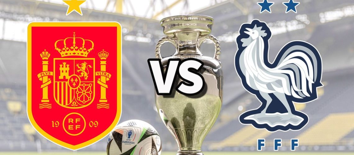 The Spain and France club badges on top of a photo of the Euro 2024 trophy and match ball