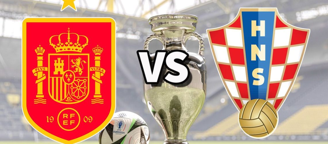The Spain and Croatia international football team badges on top of a photo of the Euro 2024 trophy and match ball