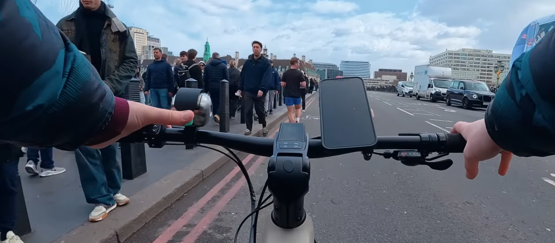 Skoda DuoBell on a bicycle riding through the streets of London
