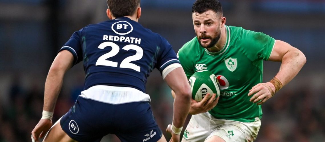 Robbie Henshaw of Ireland in action against Cameron Redpath of Scotland during Scotland vs Ireland at the 2024 Six Nations