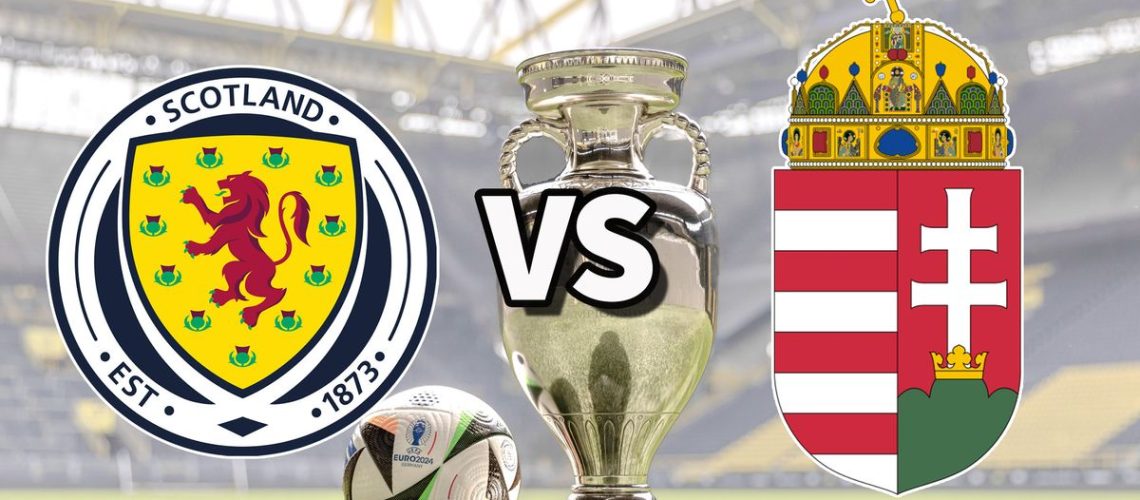 The Scotland and Hungary club badges on top of a photo of the Euro 2024 trophy and match ball