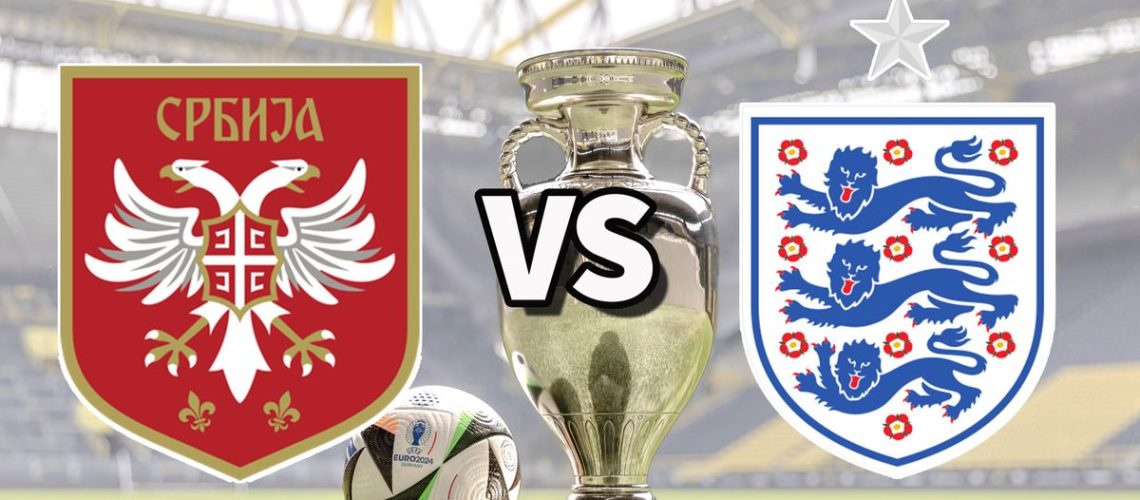 The Serbia and England club badges on top of a photo of the Euro 2024 trophy and match ball