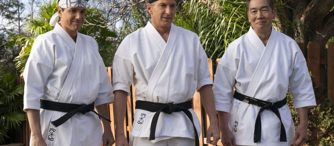 Ralph Macchio as Daniel LaRusso, William Zabka as Johnny Lawrence, Yuji Okumoto as Chozen in Cobra Kai