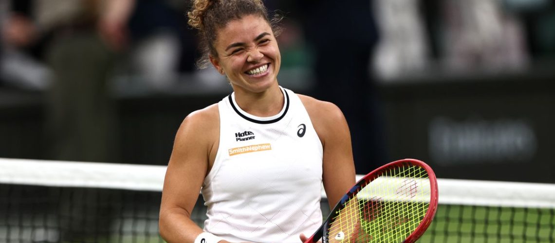 Jasmine Paolini of Italy celebrates reaching the Paolini vs Krejcikova Wimbledon final 2024
