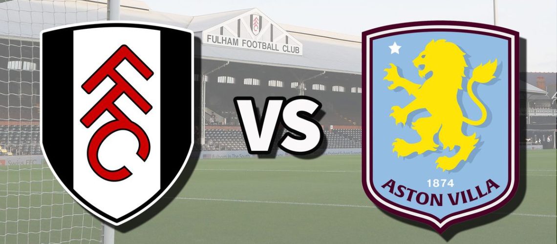 The Fulham and Aston Villa club badges on top of a photo of Craven Cottage in London, England