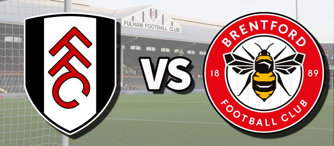 The Fulham and Brentford club badges on top of a photo of Craven Cottage in London, England