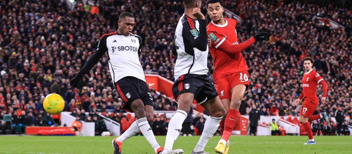 Cody Gakpo of Liverpool scores their 2nd goal during the Carabao Cup Semi Final First Leg at Anfield