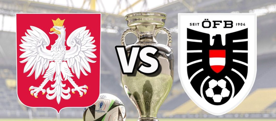 The Poland and Austria club badges on top of a photo of the Euro 2024 trophy and match ball