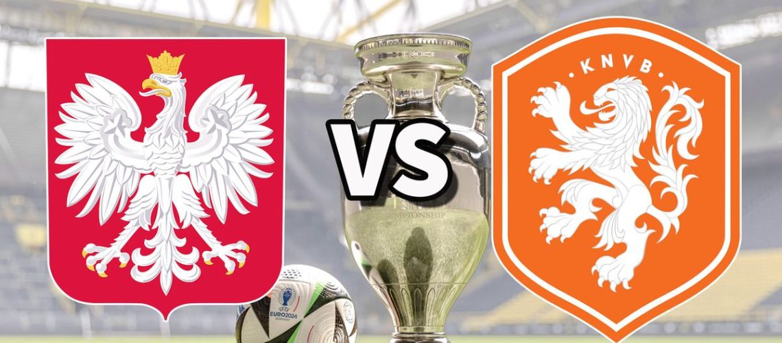 The Poland and Netherlands international football team badges on top of a photo of the Euro 2024 trophy and match ball