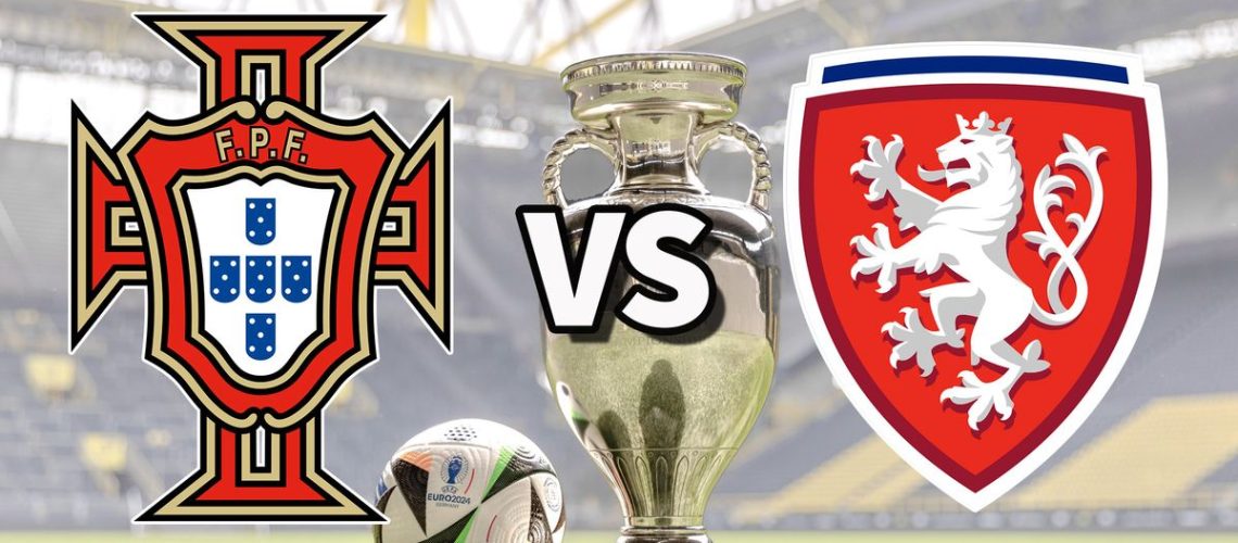 The Portugal and Czechia club badges on top of a photo of the Euro 2024 trophy and match ball