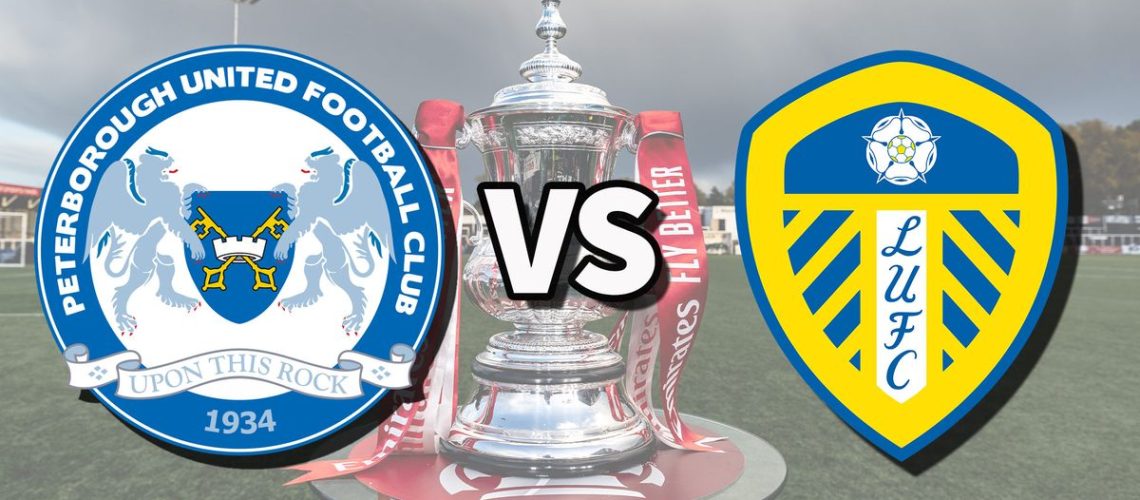 Peterborough and Leeds football club logos over an image of the FA Cup Trophy