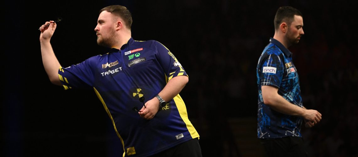 Luke Littler in action on his way to winning the final against Luke Humphries during the 2025 BetMGM Premier League Darts event at Utilita Arena on March 27, 2025 in Newcastle upon Tyne, England.
