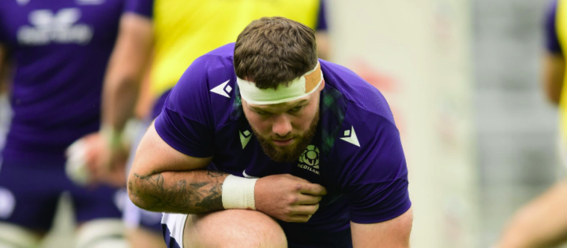 Ewan Ashman of Scotland warms up ahead of the Chile vs Scotland live stream in the Summer Internationals rugby series 2024