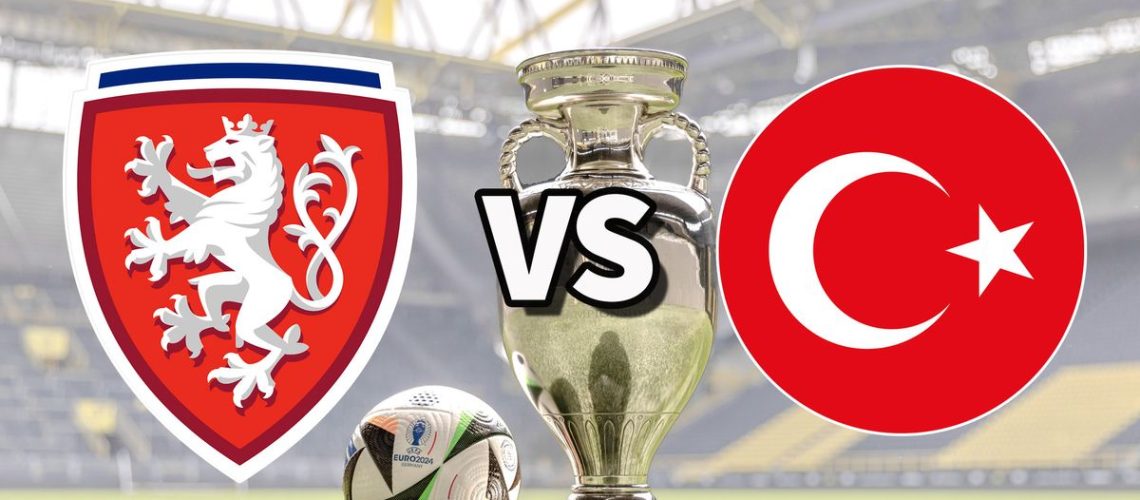 The Czechia and Turkiye club badges on top of a photo of the Euro 2024 trophy and match ball