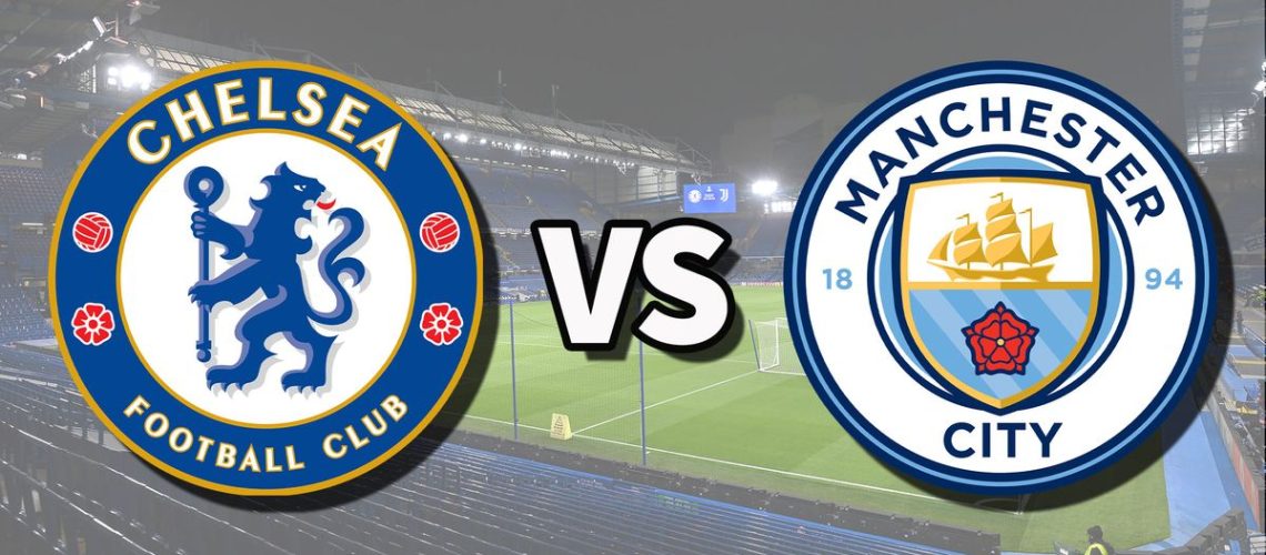 The Chelsea and Manchester City club badges on top of a photo of Stamford Bridge in London, England