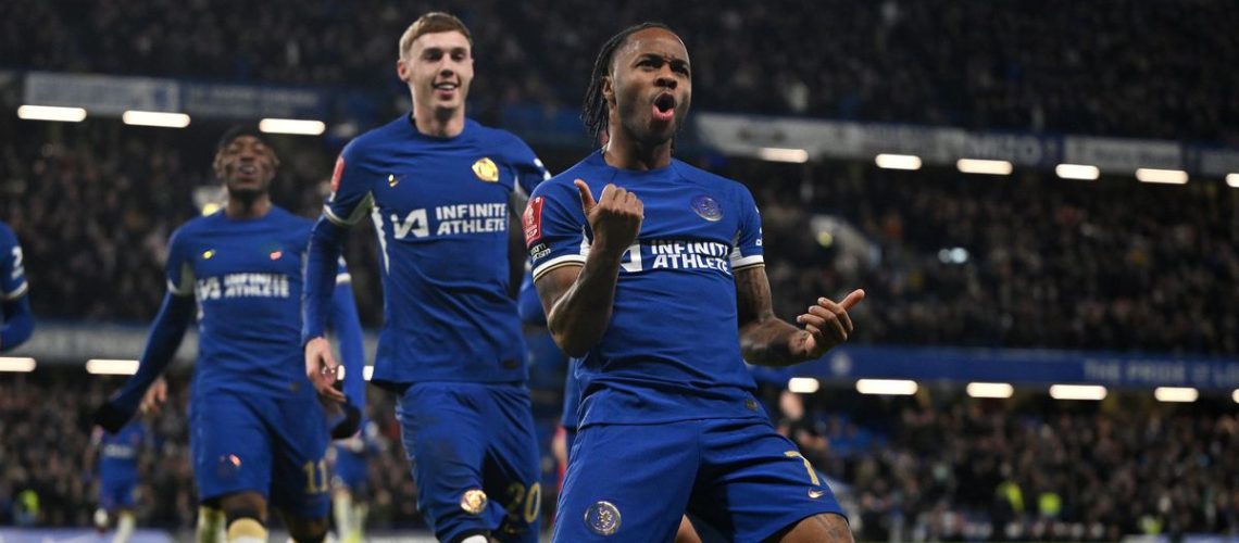 Raheem Sterling of Chelsea celebrates scoring ahead of the Chelsea vs Middlesbrough live stream in the Carabao Cup semi-final 2024