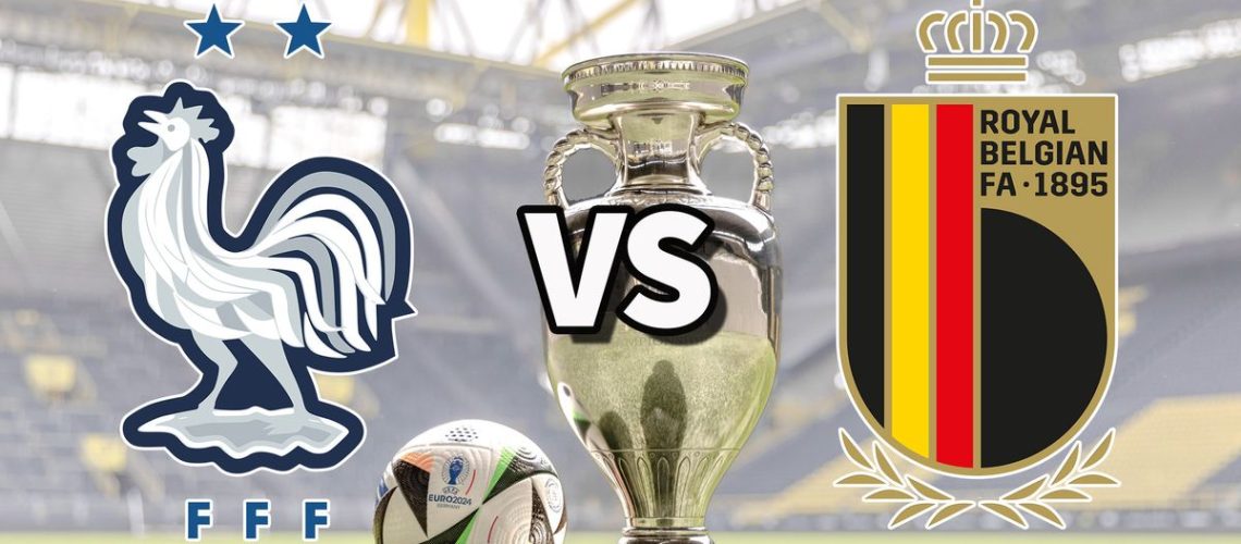 The France and Belgium club badges on top of a photo of the Euro 2024 trophy and match ball