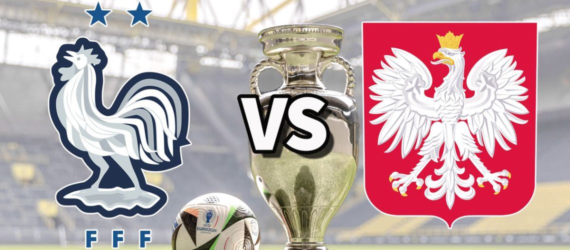The France and Poland club badges on top of a photo of the Euro 2024 trophy and match ball