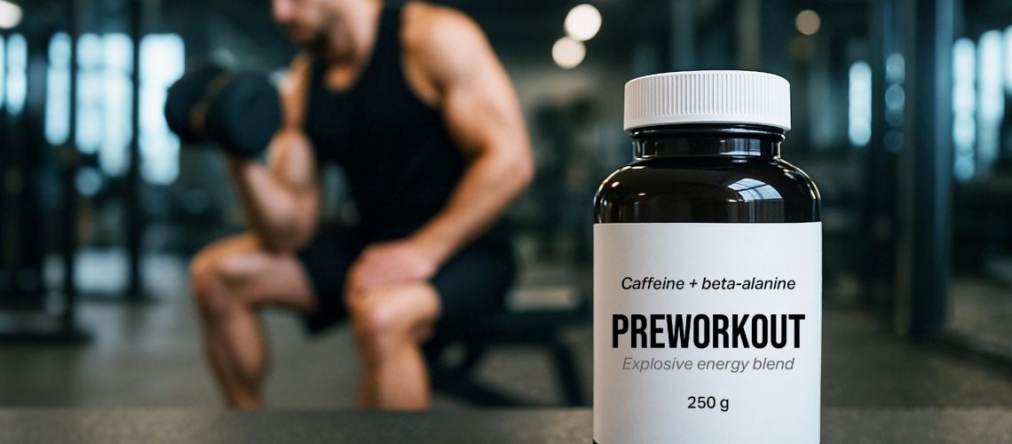 Pre-workout supplement bottle in focus with blurred muscular man exercising in gym, fitness training and dietary supplementation for bodybuilding and muscle growth focus