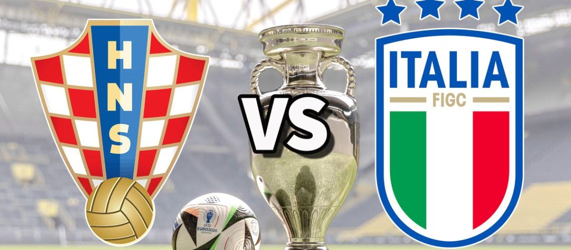 The Croatia and Italy club badges on top of a photo of the Euro 2024 trophy and match ball