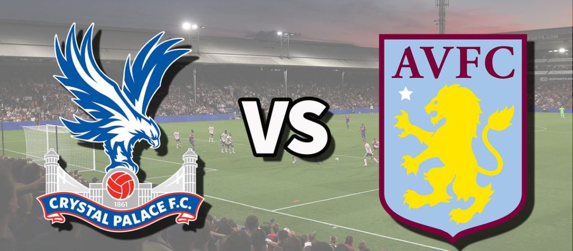 The Crystal Palace and Aston Villa club badges on top of a photo of Selhurst Park in London, England