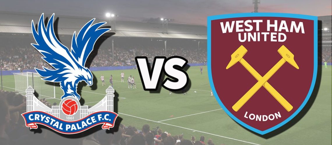 The Crystal Palace and West Ham United club badges on top of a photo of Selhurst Park in London, England, the venue for the Crystal Palace vs West Ham live stream