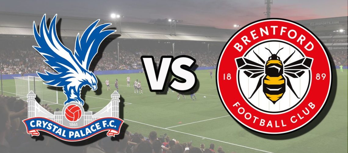 The Crystal Palace and Brentford club badges on top of a photo of Selhurst Park in London, England