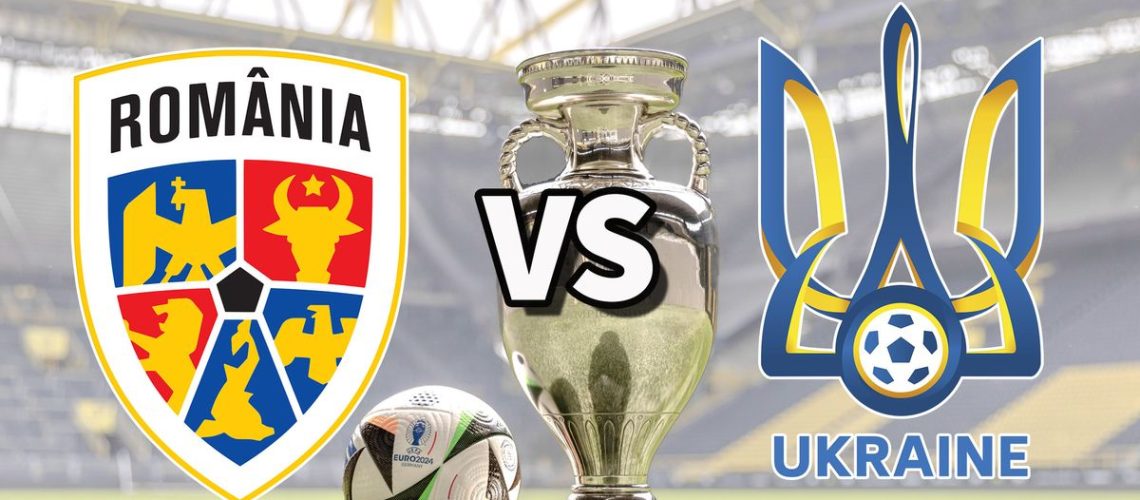 The Romania and Ukraine club badges on top of a photo of the Euro 2024 trophy and match ball
